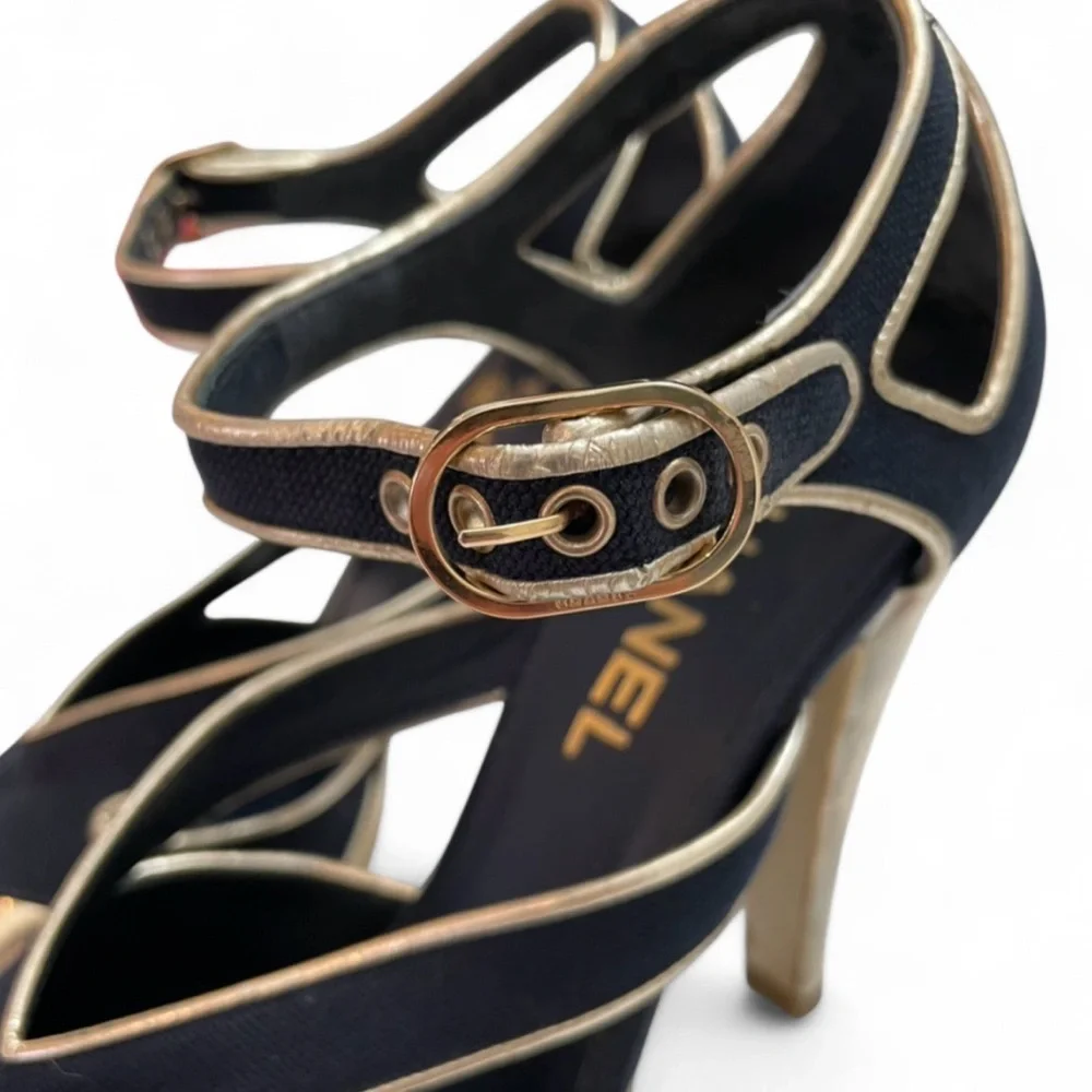 Chanel Gold Leather & Navy Peep-Toe Heels Size 7.5
